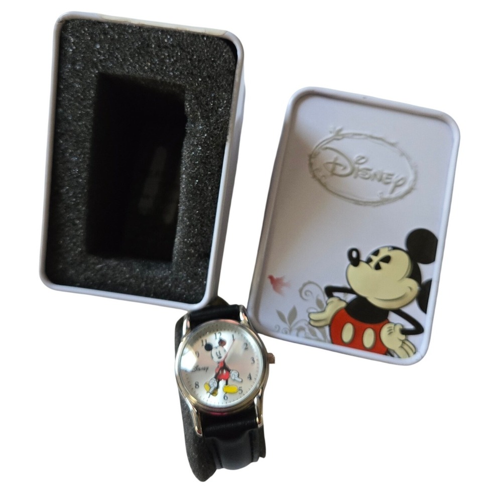 Disney Mickey Mouse Watch Black‎ Leather Accutime Analog Kids Classic